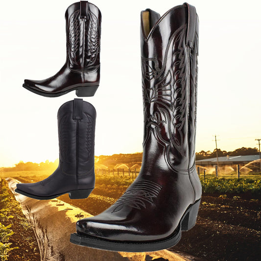 Bota de vaquero occidental de tacón alto puntiagudo bordada para hombres y mujeres europeos y americanos