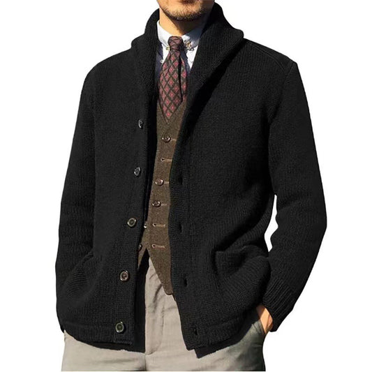Cárdigan con cuello tipo chal para hombre, suéter tejido con cables, frente abierto, botones, prendas de punto acanaladas, prendas de vestir con bolsillos 