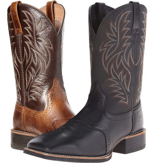 Bota de vaquero occidental con cabeza ancha y costura con grabado vintage y bordado alto