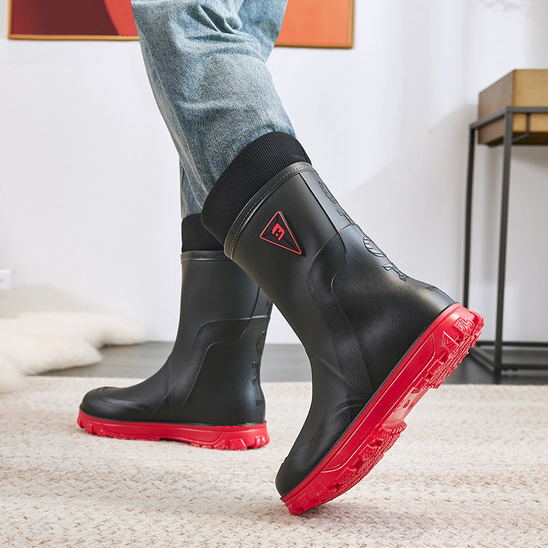Botas de lluvia térmicas para hombre, tubo medio alto de algodón fijo