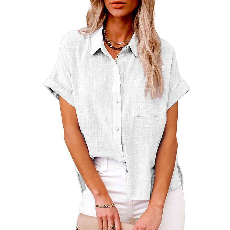 Camisa de manga corta con solapa de verano y bolsillos, moda informal, color liso, con botones, ropa para mujer