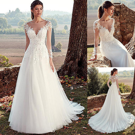 Vestido de novia sencillo de corte A, con escote en U alto, encaje, manga larga y cola larga