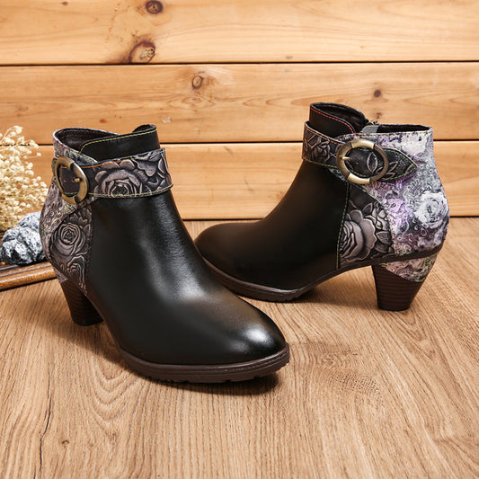 Botas de moda con hebilla de lazo de cuero con cremallera lateral Botas de tobillo Zapatos de tacón medio para mujer