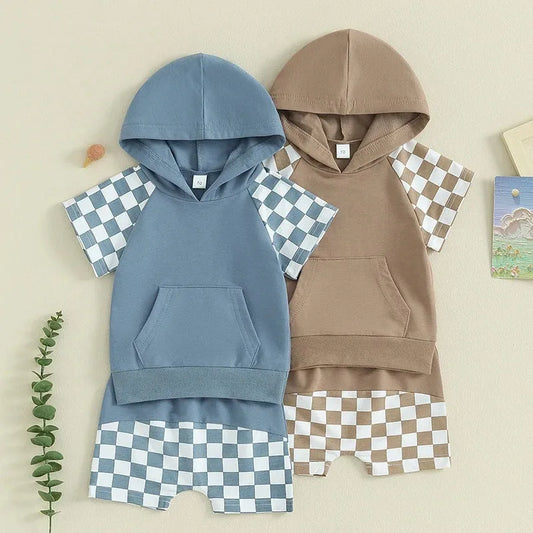 Traje de pantalones cortos y forro polar con capucha a cuadros para niños europeos y americanos de verano