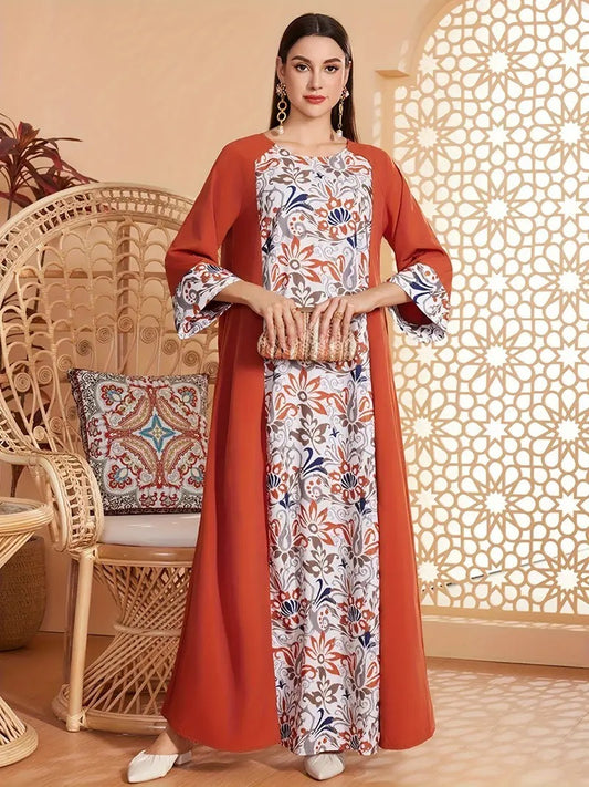 Elegante vestido abaya de manga larga con estampado floral