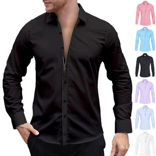 Camisa de manga larga con cremallera y tops con solapa de moda con diseño de botones para ropa de hombre
