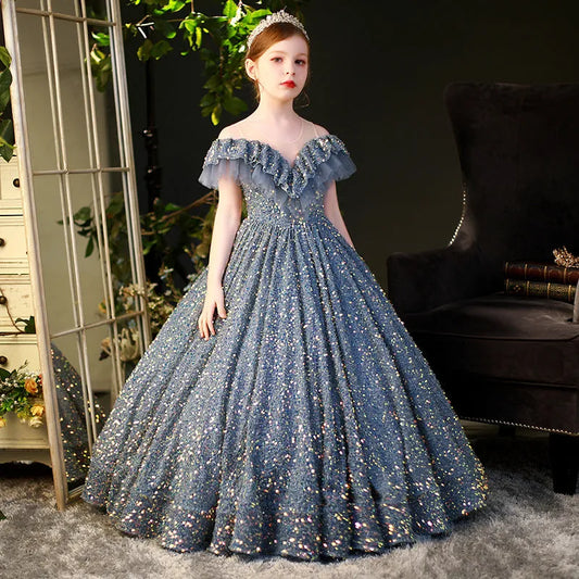 Vestido de princesa con lentejuelas para niños grandes, disfraces de pasarela de estilo occidental, invierno