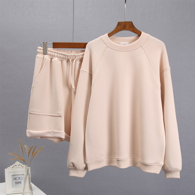 Women's Fashion Casual Solid Color Round Neck Long Sleeve Sweater Shorts Set